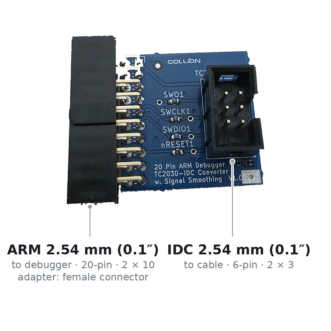 Die Adapterplatine COLL-ARM20-06-IDC: auf der einen Seite der zwanzigpolige ARM-Stecker mit 2,54 mm Raster, auf der anderen die sechspolige Stiftleiste für die Tag-Connect-Kabel.