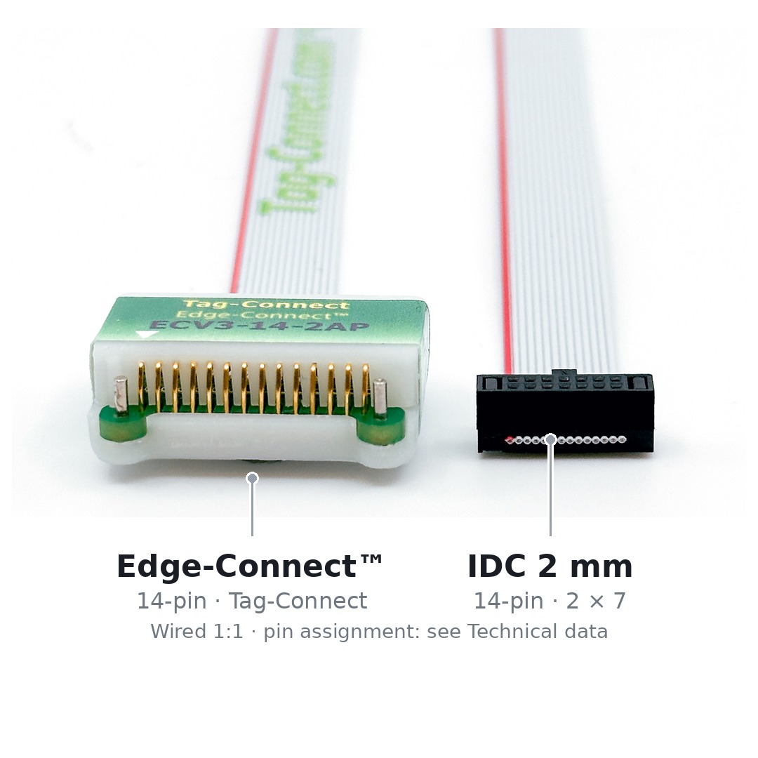 Beide Enden des Kabels ECV3-14-2AP-IDC-2MM nebeneinander: links der vierzehnpolige Edge-Connect™-Stecker für die Platinenkante, rechts der vierzehnpolige IDC-Stecker mit 2 mm Raster.