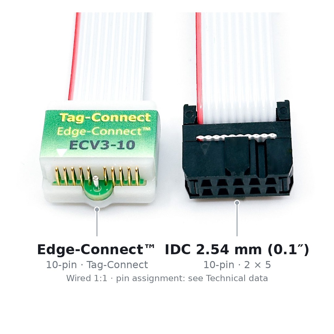 Beide Enden des Kabels ECV3-10-IDC nebeneinander: links der zehnpolige Edge-Connect™-Stecker für die Platinenkante, rechts der zehnpolige IDC-Stecker mit 2,54 mm Raster.