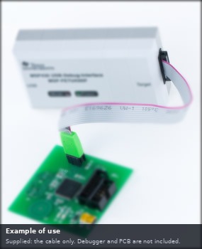 Anwendungsbeispiel: Das TC2050-IDC-430 verbindet einen TI MSP-FET430 mit einer Zielplatine. Geliefert wird nur das Kabel.