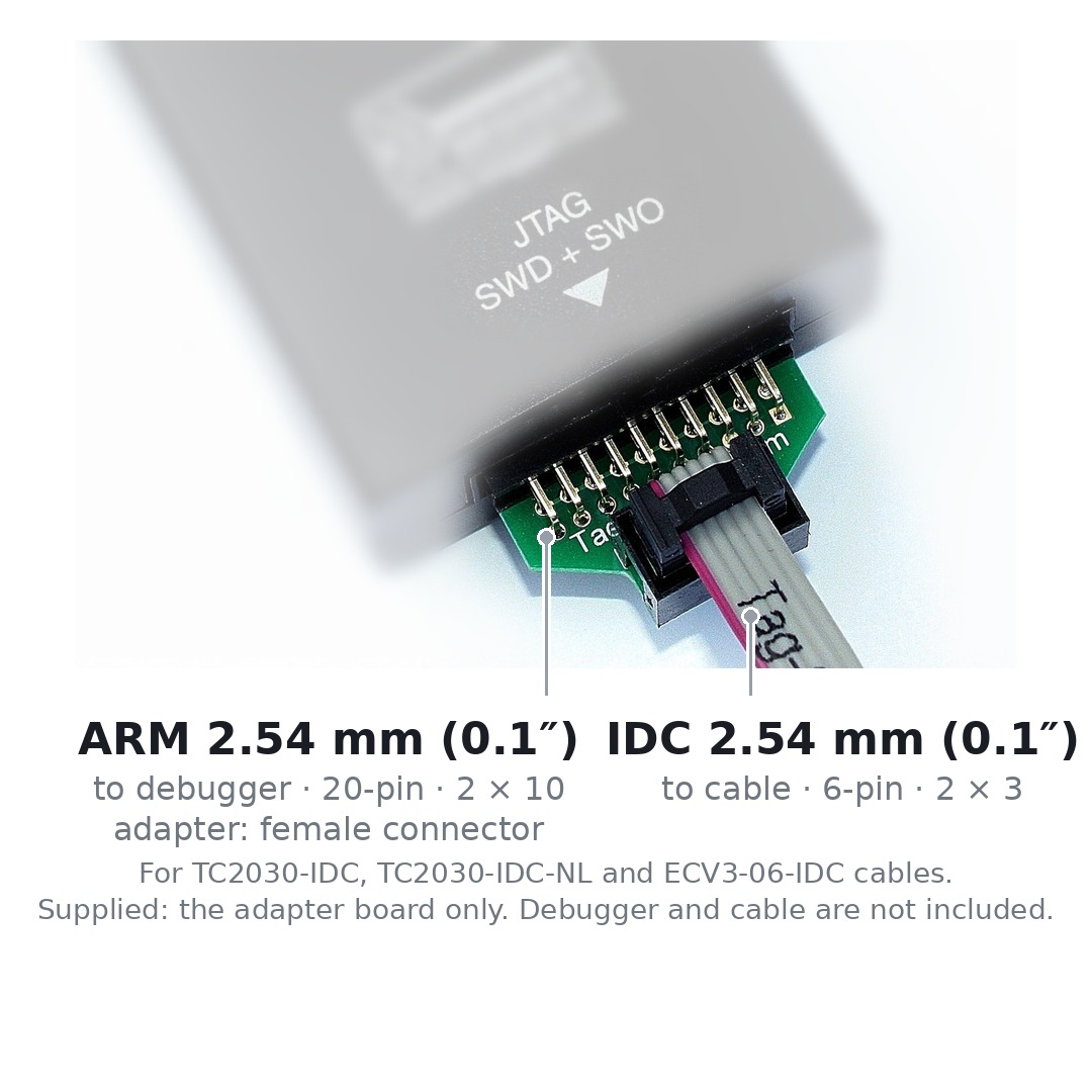 Die Adapterplatine ARM20-CTX: auf der einen Seite der zwanzigpolige ARM-Stecker mit 2,54 mm Raster, auf der anderen die sechspolige Stiftleiste für die Tag-Connect-Kabel.