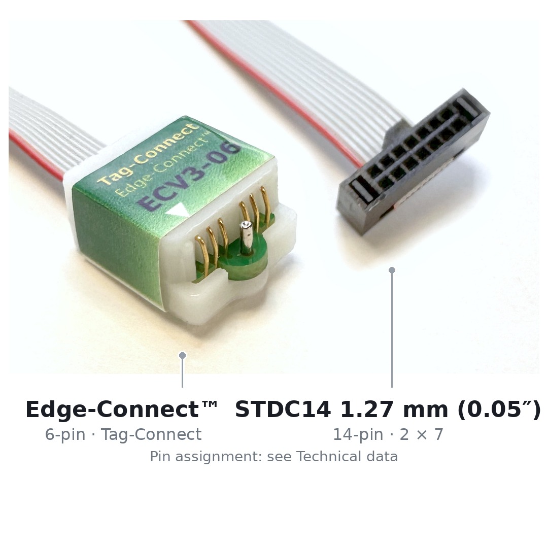 Beide Enden des Kabels ECV3-06-CTX-STDC14 nebeneinander: links der sechspolige Edge-Connect™-Stecker für die Platinenkante, rechts der vierzehnpolige STDC14-Stecker mit 1,27 mm Raster.