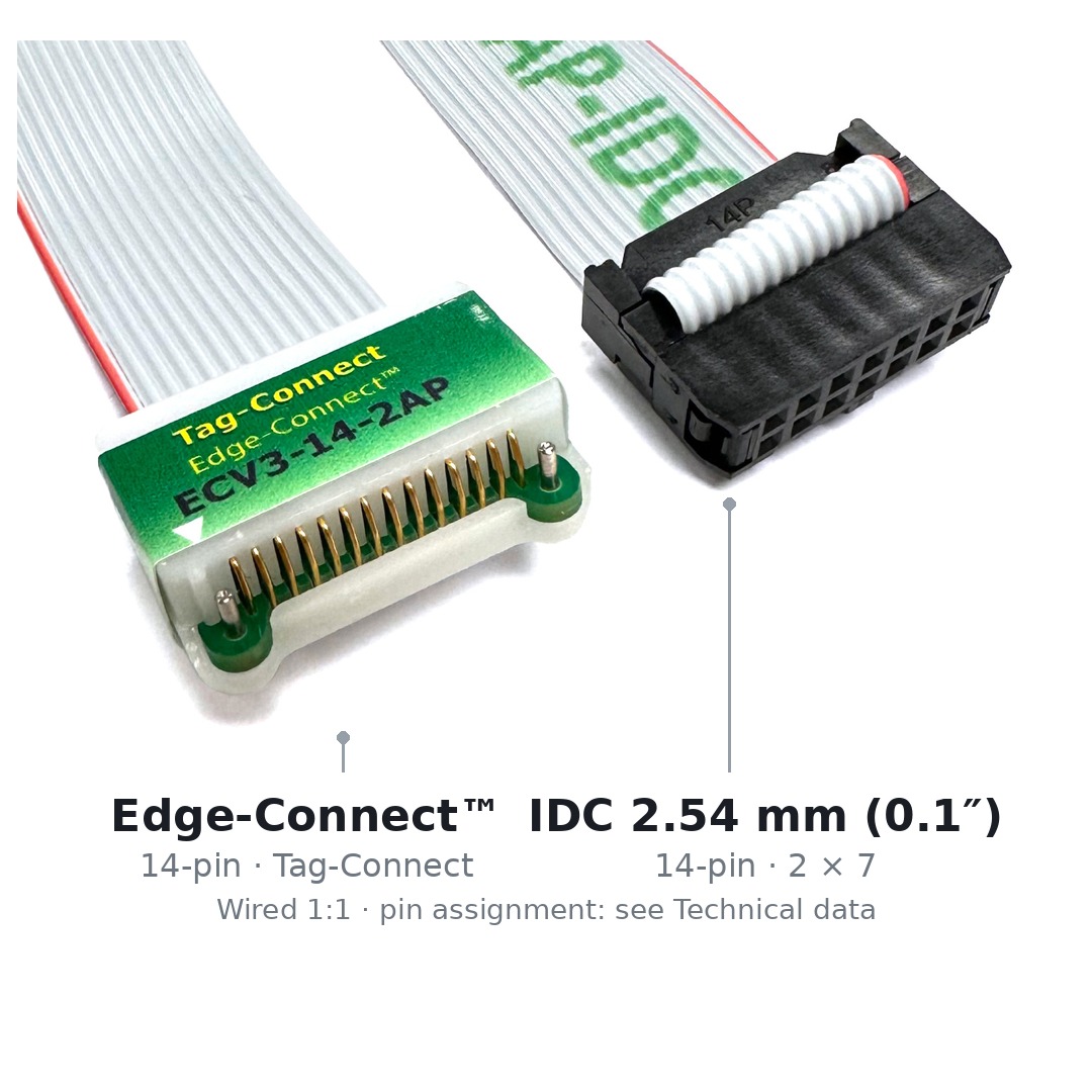Beide Enden des Kabels ECV3-14-2AP-IDC nebeneinander: links der vierzehnpolige Edge-Connect™-Stecker für die Platinenkante, rechts der vierzehnpolige IDC-Stecker mit 2,54 mm Raster.