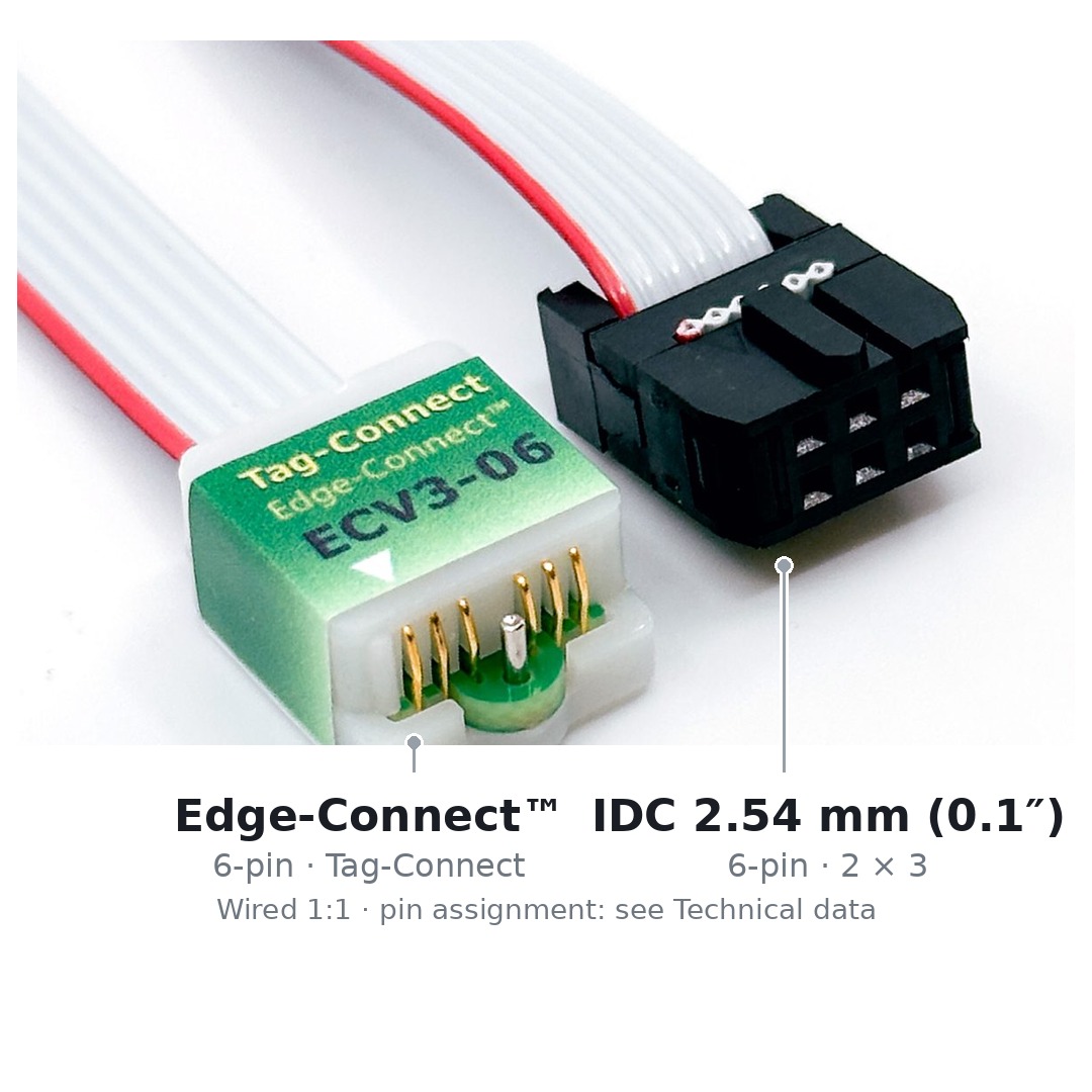 Beide Enden des Kabels ECV3-06-IDC nebeneinander: links der sechspolige Edge-Connect™-Stecker für die Platinenkante, rechts der sechspolige IDC-Stecker mit 2,54 mm Raster.