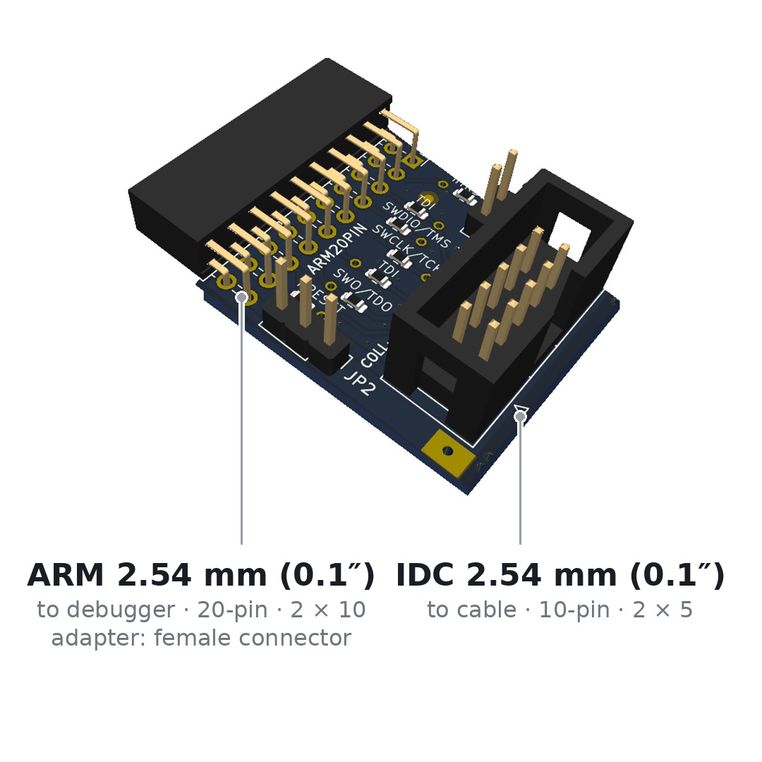 Die Adapterplatine COLL-ARM20-10-IDC: auf der einen Seite der zwanzigpolige ARM-Stecker mit 2,54 mm Raster, auf der anderen die zehnpolige Stiftleiste für die Tag-Connect-Kabel.