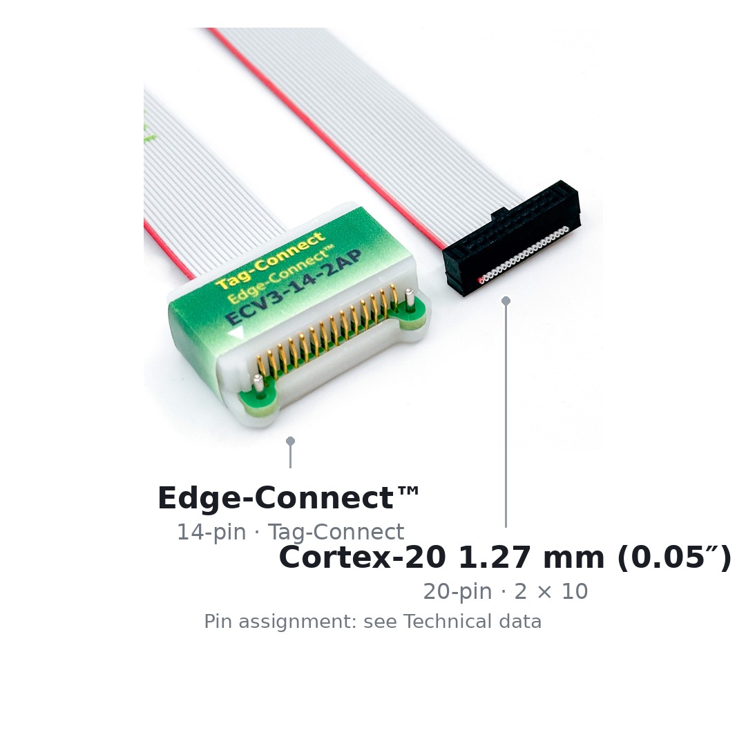 Beide Enden des Kabels ECV3-14-2AP-ETM nebeneinander: links der vierzehnpolige Edge-Connect™-Stecker für die Platinenkante, rechts der zwanzigpolige Cortex-Stecker mit Trace-Signalen, 1,27 mm Raster.