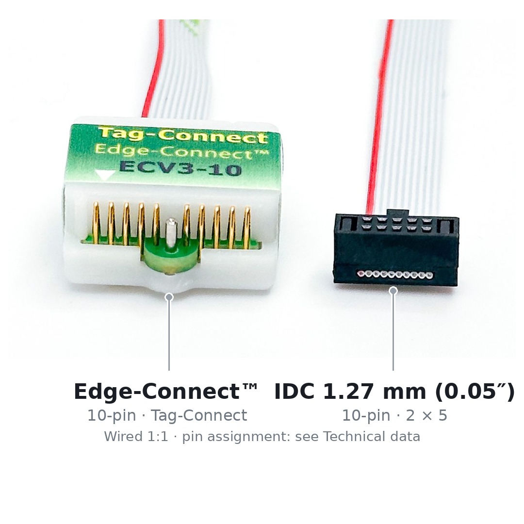 Beide Enden des Kabels ECV3-10-IDC-050 nebeneinander: links der zehnpolige Edge-Connect™-Stecker für die Platinenkante, rechts der zehnpolige IDC-Stecker mit 1,27 mm Raster.