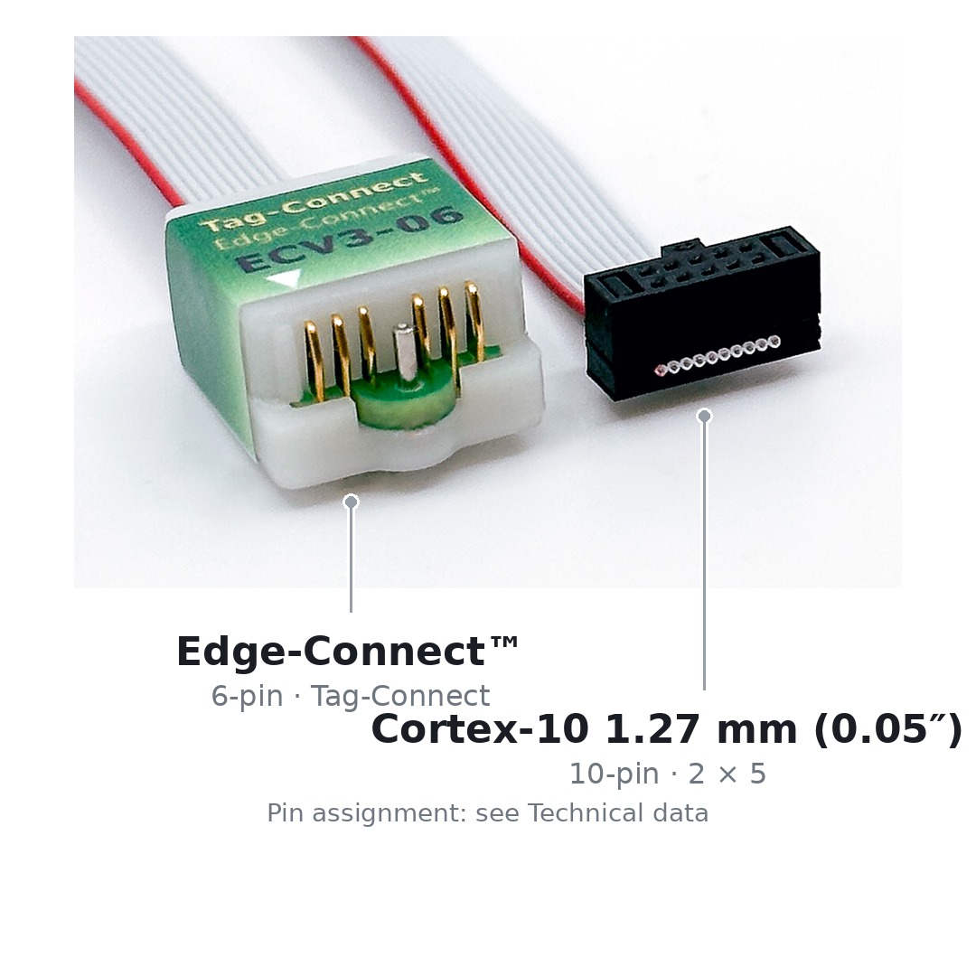 Beide Enden des Kabels ECV3-06-CTX nebeneinander: links der sechspolige Edge-Connect™-Stecker für die Platinenkante, rechts der zehnpolige Cortex-Stecker mit 1,27 mm Raster.