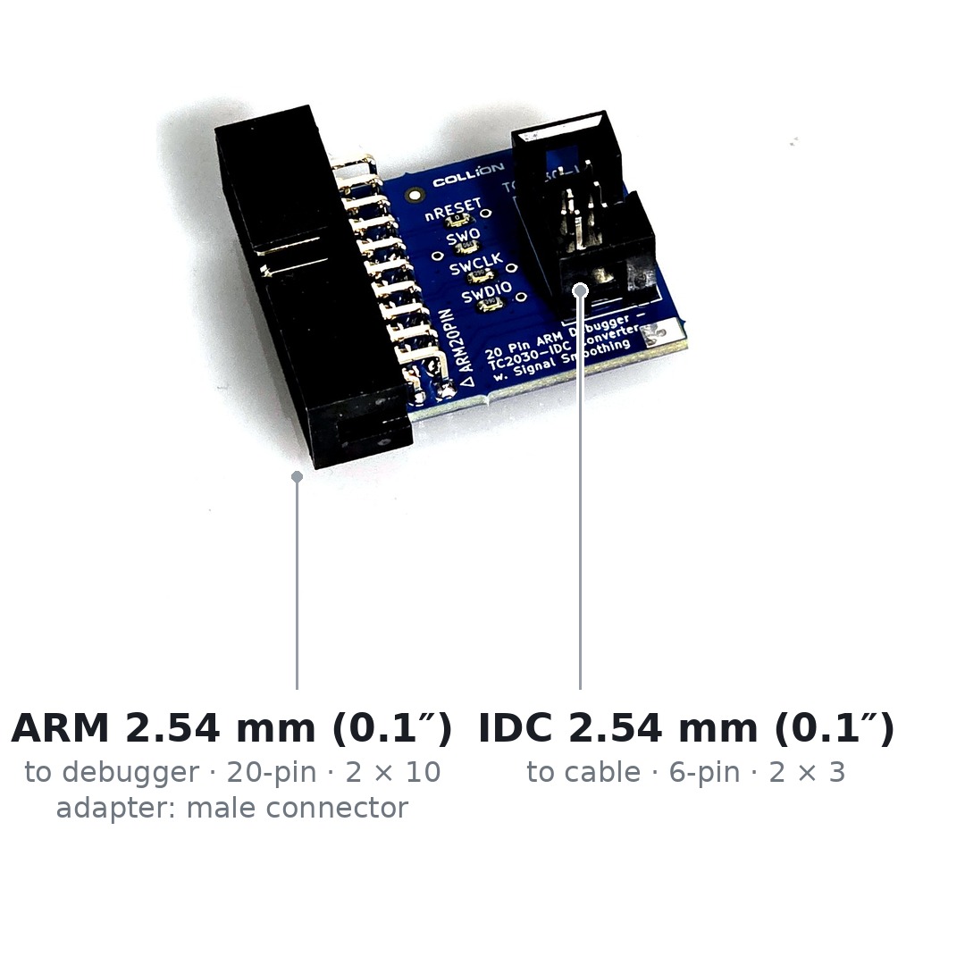 Die Adapterplatine COLL-ARM20-MALE-06-IDC: auf der einen Seite der zwanzigpolige ARM-Stecker mit 2,54 mm Raster, auf der anderen die sechspolige Stiftleiste für die Tag-Connect-Kabel.